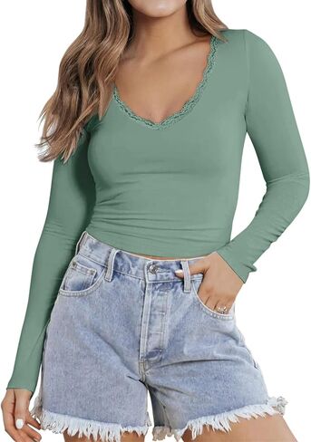 Women Sexy V Neck Lace Long Sleeve Shirts Basic Fitted Double Lined Going Out Y2k Trendy Tops Fall Base Layer Blouse in Saudi Arabia