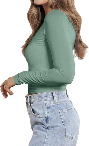 Women Sexy V Neck Lace Long Sleeve Shirts Basic Fitted Double Lined Going Out Y2k Trendy Tops Fall Base Layer Blouse in Saudi Arabia
