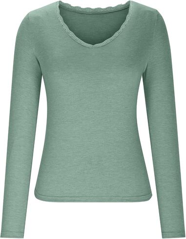 Women Sexy V Neck Lace Long Sleeve Shirts Basic Fitted Double Lined Going Out Y2k Trendy Tops Fall Base Layer Blouse in Saudi Arabia