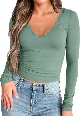 Women Sexy V Neck Lace Long Sleeve Shirts Basic Fitted Double Lined Going Out Y2k Trendy Tops Fall Base Layer Blouse in Saudi Arabia