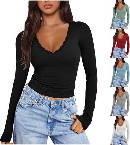 Women Sexy V Neck Lace Long Sleeve Shirts Basic Fitted Double Lined Going Out Y2k Trendy Tops Fall Base Layer Blouse in Saudi Arabia