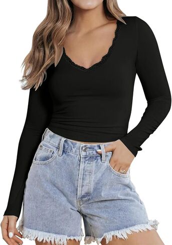 Women Sexy V Neck Lace Long Sleeve Shirts Basic Fitted Double Lined Going Out Y2k Trendy Tops Fall Base Layer Blouse in Saudi Arabia