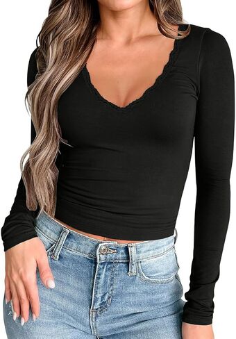 Women Sexy V Neck Lace Long Sleeve Shirts Basic Fitted Double Lined Going Out Y2k Trendy Tops Fall Base Layer Blouse in Saudi Arabia