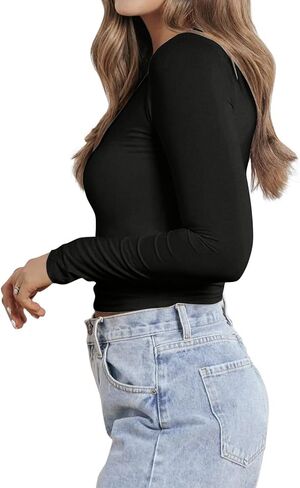 Women Sexy V Neck Lace Long Sleeve Shirts Basic Fitted Double Lined Going Out Y2k Trendy Tops Fall Base Layer Blouse in Saudi Arabia