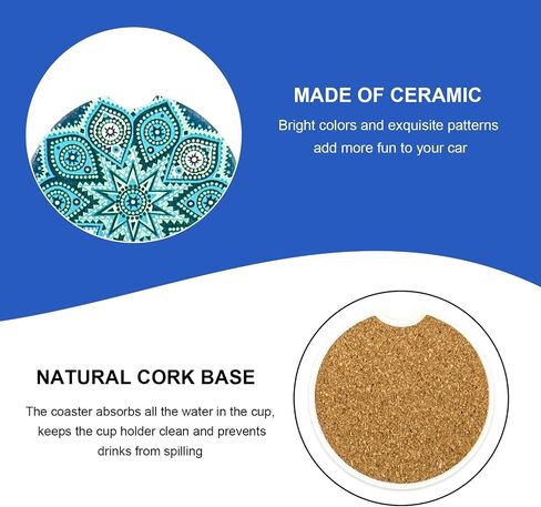 4 PCS Car Coasters for Drinks Absorbent, Mandala Ceramic Coaster with Finger Notch & Cork Base, Cute Absorbent Cup Holder Drink Coaster Keep Vehicle Clean, Car Accessories (Style 3) in Kuwait