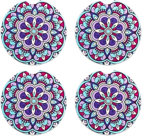 4 PCS Car Coasters for Drinks Absorbent, Mandala Ceramic Coaster with Finger Notch & Cork Base, Cute Absorbent Cup Holder Drink Coaster Keep Vehicle Clean, Car Accessories (Style 3) in Kuwait
