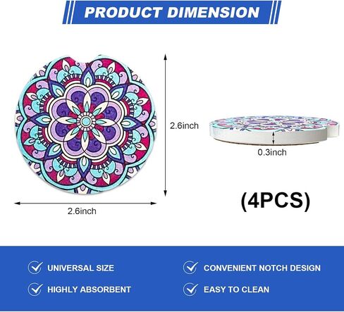 4 PCS Car Coasters for Drinks Absorbent, Mandala Ceramic Coaster with Finger Notch & Cork Base, Cute Absorbent Cup Holder Drink Coaster Keep Vehicle Clean, Car Accessories (Style 3) in Kuwait