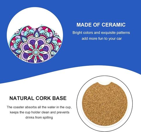 4 PCS Car Coasters for Drinks Absorbent, Mandala Ceramic Coaster with Finger Notch & Cork Base, Cute Absorbent Cup Holder Drink Coaster Keep Vehicle Clean, Car Accessories (Style 3) in Kuwait