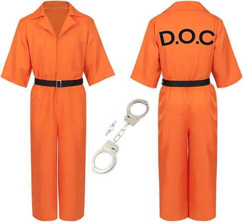 Prisoner Costume Orange Prisoner Jumpsuit Men Women Halloween Inmate Outfit Unisex Cos with Handcuffs in Saudi Arabia