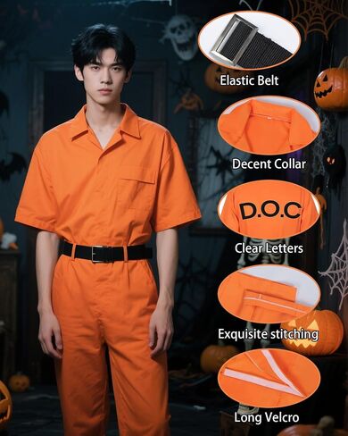 Prisoner Costume Orange Prisoner Jumpsuit Men Women Halloween Inmate Outfit Unisex Cos with Handcuffs in Saudi Arabia