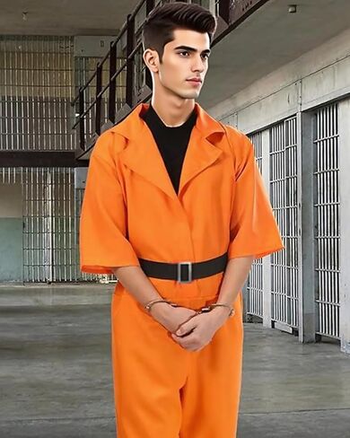 Prisoner Costume Orange Prisoner Jumpsuit Men Women Halloween Inmate Outfit Unisex Cos with Handcuffs in Saudi Arabia