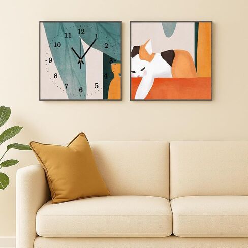 Cute Cat Silent Wall Clocks Non Ticking Minimalist Art Clock Battery Operated for Living Room Bedroom (2Pcs 16x16 in) in Saudi Arabia
