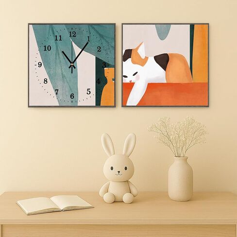 Cute Cat Silent Wall Clocks Non Ticking Minimalist Art Clock Battery Operated for Living Room Bedroom (2Pcs 16x16 in) in Saudi Arabia
