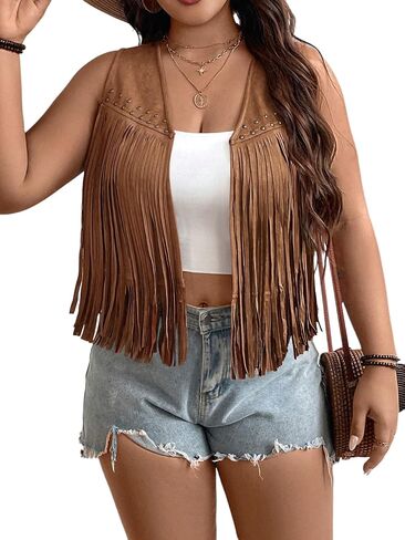 Women's Plus Size Faux Suede Fringe Crop Jacket Vintage Studded Detail Open Front Sleeveless Vest in Kuwait