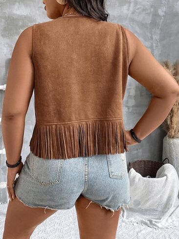 Women's Plus Size Faux Suede Fringe Crop Jacket Vintage Studded Detail Open Front Sleeveless Vest in Kuwait