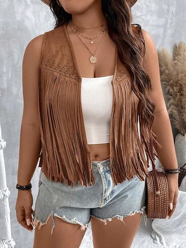 Women's Plus Size Faux Suede Fringe Crop Jacket Vintage Studded Detail Open Front Sleeveless Vest in Kuwait