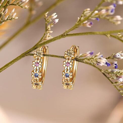 S925 Sterling Silver Daisy Small Hoop Earrings for Women: Flower Huggie Earrings Small Floral Hoop Earrings Rainbow Cubic Zircon 14K Gold Plated Jewelry Gifts for Sensitive Ears in Saudi Arabia
