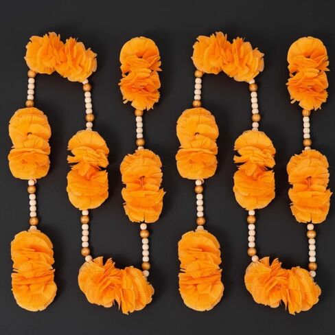 Breling 2 Pcs Dia De Los Muertos Marigold Flowers Wreath for Diwali Decoration 5 ft Orange Artificial Marigold with Wooden Beads Garland for Rustic Boho Altar and Day of The Dead Home Ornament in Saudi Arabia