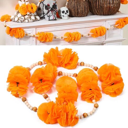 Breling 2 Pcs Dia De Los Muertos Marigold Flowers Wreath for Diwali Decoration 5 ft Orange Artificial Marigold with Wooden Beads Garland for Rustic Boho Altar and Day of The Dead Home Ornament in Saudi Arabia