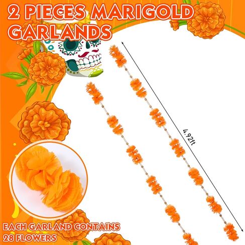Breling 2 Pcs Dia De Los Muertos Marigold Flowers Wreath for Diwali Decoration 5 ft Orange Artificial Marigold with Wooden Beads Garland for Rustic Boho Altar and Day of The Dead Home Ornament in Saudi Arabia