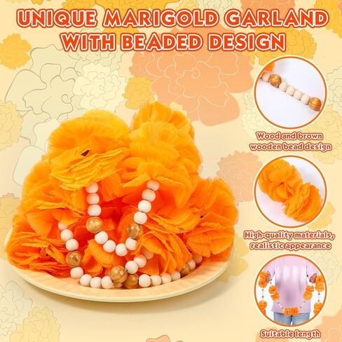Breling 2 Pcs Dia De Los Muertos Marigold Flowers Wreath for Diwali Decoration 5 ft Orange Artificial Marigold with Wooden Beads Garland for Rustic Boho Altar and Day of The Dead Home Ornament in Saudi Arabia