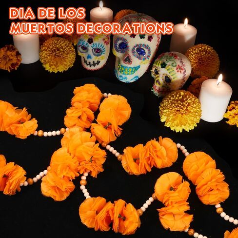 Breling 2 Pcs Dia De Los Muertos Marigold Flowers Wreath for Diwali Decoration 5 ft Orange Artificial Marigold with Wooden Beads Garland for Rustic Boho Altar and Day of The Dead Home Ornament in Saudi Arabia