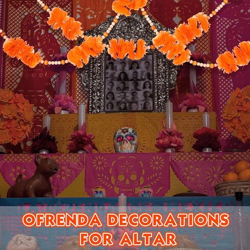 Breling 2 Pcs Dia De Los Muertos Marigold Flowers Wreath for Diwali Decoration 5 ft Orange Artificial Marigold with Wooden Beads Garland for Rustic Boho Altar and Day of The Dead Home Ornament in Saudi Arabia