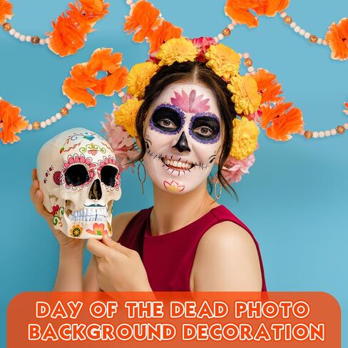Breling 2 Pcs Dia De Los Muertos Marigold Flowers Wreath for Diwali Decoration 5 ft Orange Artificial Marigold with Wooden Beads Garland for Rustic Boho Altar and Day of The Dead Home Ornament in Saudi Arabia