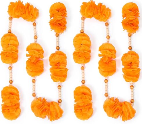 Breling 2 Pcs Dia De Los Muertos Marigold Flowers Wreath for Diwali Decoration 5 ft Orange Artificial Marigold with Wooden Beads Garland for Rustic Boho Altar and Day of The Dead Home Ornament in Saudi Arabia