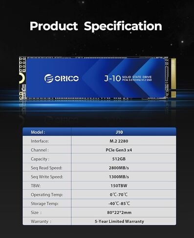 ORICO NVMe SSD 256GB M.2 with Heatsink, PCIe Gen3x4 2280 Internal Solid State Drive, SLC Cache 3D NAND, Up to 1800MB/s, Compatible with Laptop and PC Desktops -J10 in Kuwait
