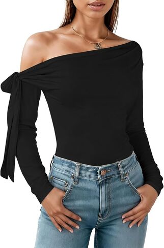 Off The Shoulder Tops for Women, Long Sleeve Going Out Crop Asymmetrical Slim Fit Fall Shirts in Saudi Arabia