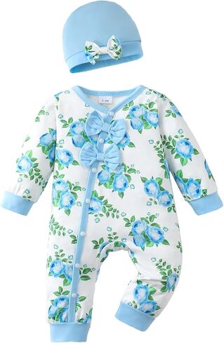 Mioglrie Newborn Baby Girl Clothes Long Sleeve Romper Infant Fall Winter Outfits Floral Hat Jumpsuit Preemie Girl Clothes in Kuwait