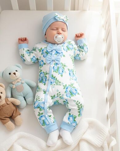 Mioglrie Newborn Baby Girl Clothes Long Sleeve Romper Infant Fall Winter Outfits Floral Hat Jumpsuit Preemie Girl Clothes in Kuwait