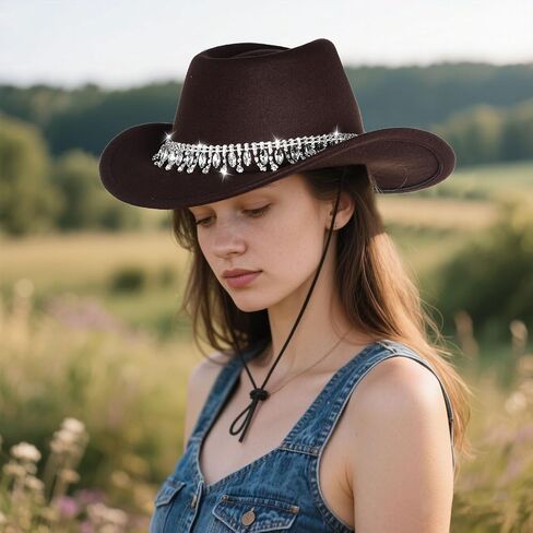 Rhinestone Cowboy Hat for Women Bling Hat Accessories Adjustable Western Style Cowgirl Hat Belt for Cowgirl Party in Saudi Arabia