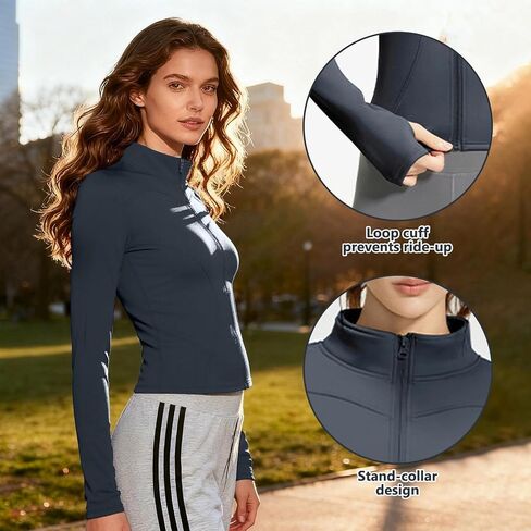 Women Jacket Long Sleeve Zip Up Athletic Lightweight Slim Fit Sports Outerwear with Stand Collar and Thumb Holes Yoga Gym in Saudi Arabia