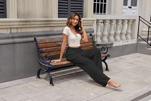 Women Office Wide High Waist Pants Loose Fit Elastic Waist Pleated Front Trousers for Work Casual in Kuwait