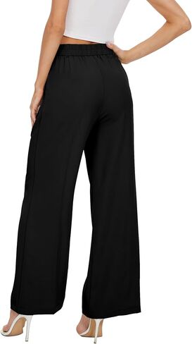 Women Office Wide High Waist Pants Loose Fit Elastic Waist Pleated Front Trousers for Work Casual in Kuwait
