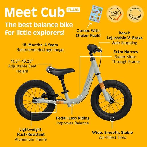 Retrospec Cub Plus Toddler Balance Bike for Boys & Girls Ages 18 Months - 4 Years No Pedals with Lightweight Frame and Adjustable V-Brake, Seat and Handlebar for Kids in Kuwait