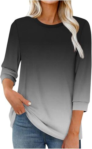 3/4 طول الأكمام بلايز للنساء عادية فضفاضة تناسب Crewneck تي شيرت لطيف الصلبة ثلاثة أرباع طول تونك القمم in Kuwait