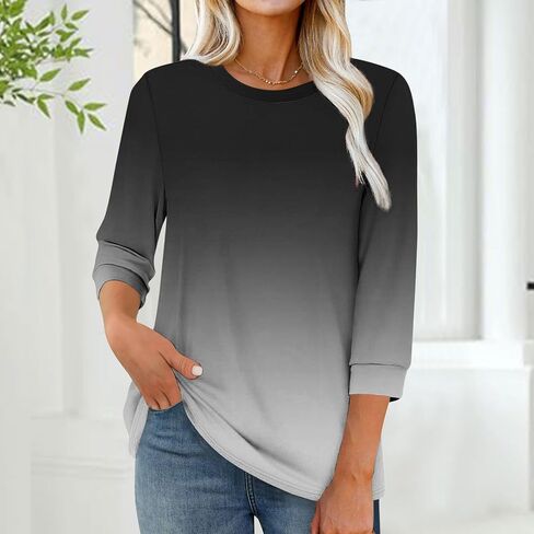 3/4 طول الأكمام بلايز للنساء عادية فضفاضة تناسب Crewneck تي شيرت لطيف الصلبة ثلاثة أرباع طول تونك القمم in Kuwait