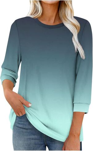 3/4 Length Sleeve Tops for Women Casual Loose Fit Crewneck T Shirts Cute Solid Three Quarter Length Tunic Tops in Saudi Arabia