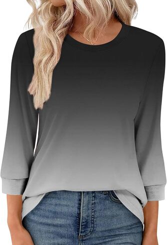 3/4 طول الأكمام بلايز للنساء عادية فضفاضة تناسب Crewneck تي شيرت لطيف الصلبة ثلاثة أرباع طول تونك القمم in Kuwait