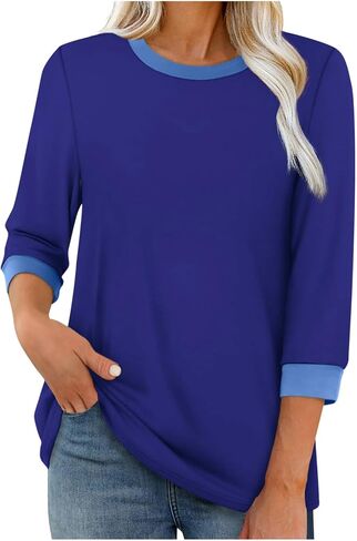 3/4 طول الأكمام بلايز للنساء عادية فضفاضة تناسب Crewneck تي شيرت لطيف الصلبة ثلاثة أرباع طول تونك القمم in Kuwait