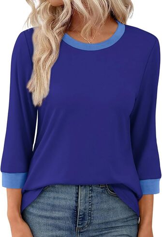 3/4 طول الأكمام بلايز للنساء عادية فضفاضة تناسب Crewneck تي شيرت لطيف الصلبة ثلاثة أرباع طول تونك القمم in Kuwait