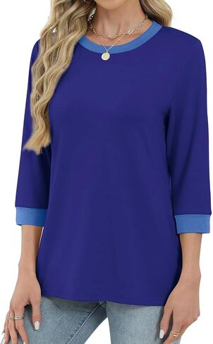 3/4 طول الأكمام بلايز للنساء عادية فضفاضة تناسب Crewneck تي شيرت لطيف الصلبة ثلاثة أرباع طول تونك القمم in Kuwait