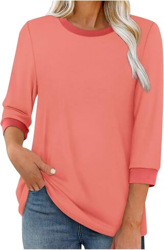 3/4 طول الأكمام بلايز للنساء عادية فضفاضة تناسب Crewneck تي شيرت لطيف الصلبة ثلاثة أرباع طول تونك القمم in Kuwait