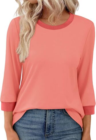 3/4 طول الأكمام بلايز للنساء عادية فضفاضة تناسب Crewneck تي شيرت لطيف الصلبة ثلاثة أرباع طول تونك القمم in Kuwait