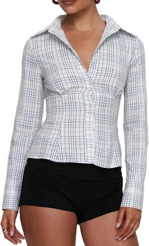 Women Y2k Shirts Long Sleeve Button Down Collar Slim Fit Blouse Casual Going Out Vintage Trendy Crop Tops Streetwear in Kuwait