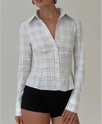 Women Y2k Shirts Long Sleeve Button Down Collar Slim Fit Blouse Casual Going Out Vintage Trendy Crop Tops Streetwear in Kuwait