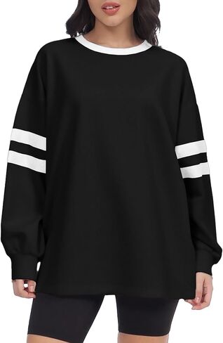 Women Crewneck Color Block Sweatshirts Striped Tops Long Sleeve Shirts Casual Oversized Fall Pullover in Kuwait
